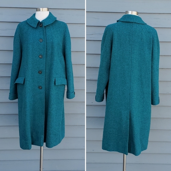 Vintage 50s 60s Harris Tweed Turquoise Green Diagonal Stripe Wool Trench Coat XL